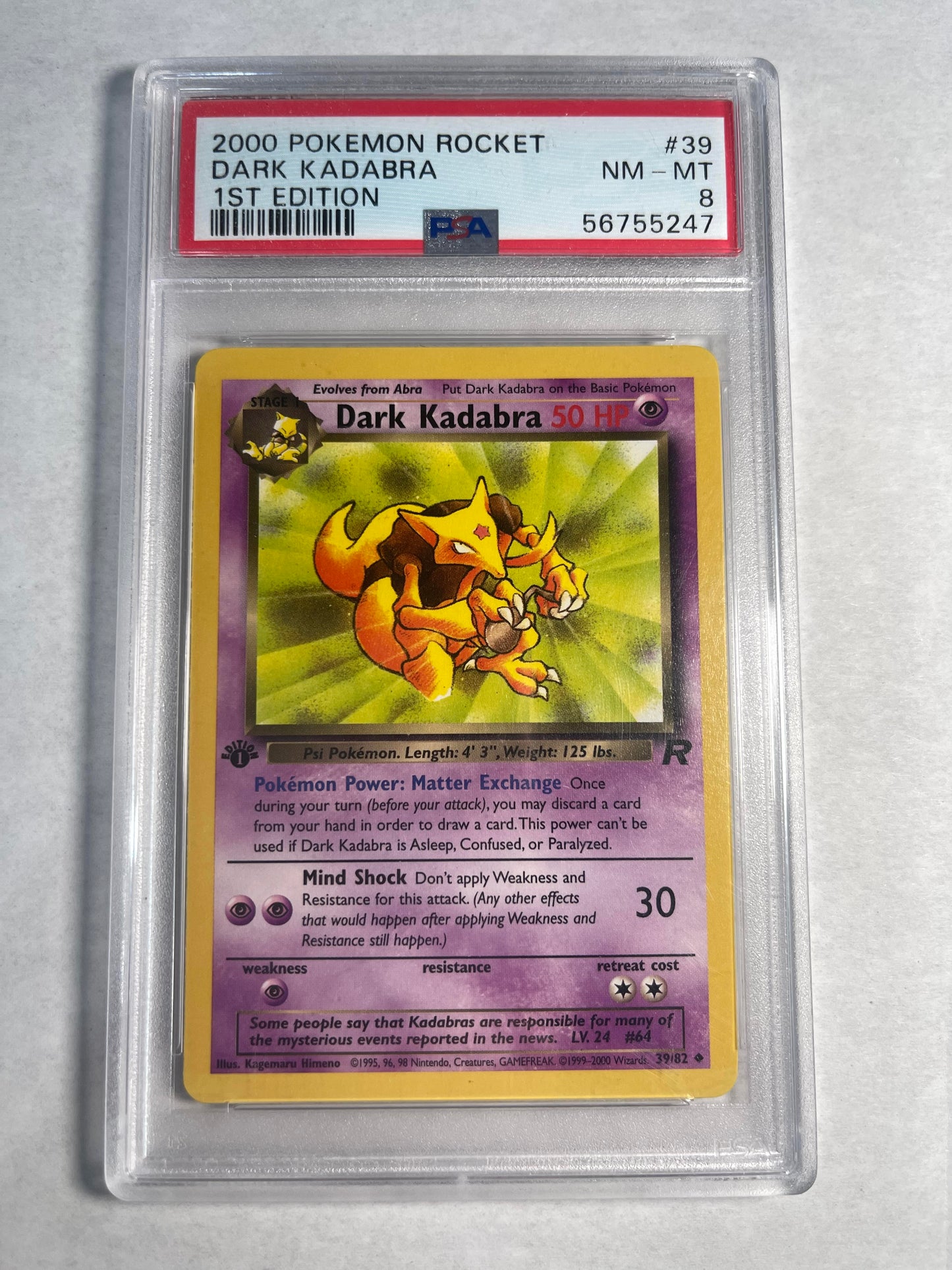 2000 Prima edizione Team Rocket Dark Kadabra - PSA 8